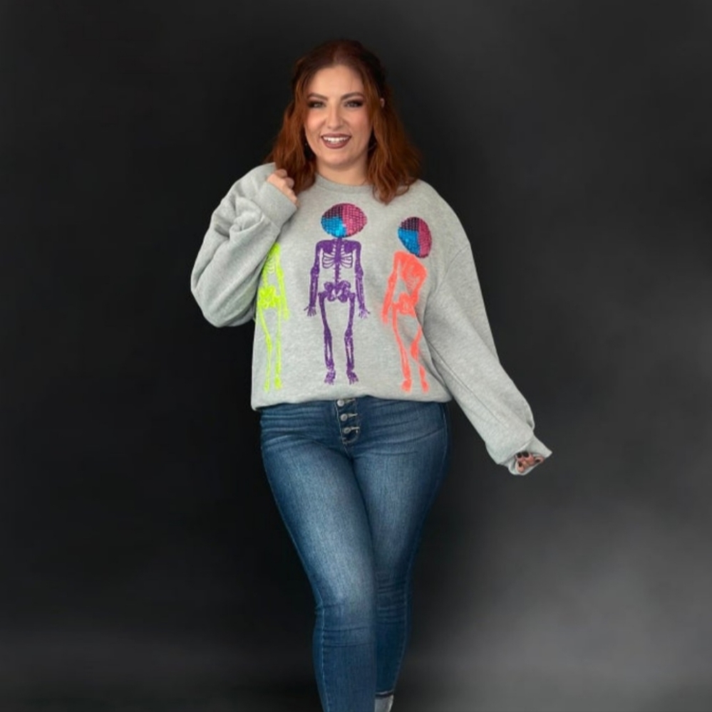Queen of sparkles grey disco skeleton sweatshirt